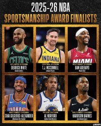 九游官网-NBA官宣体育道德风尚奖候选：SGA&amp;阿德巴约&amp;麦康纳&amp;霍福德等共6人